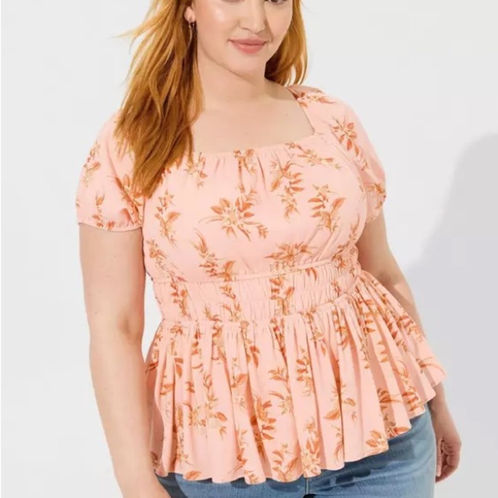 Torrid Peach Floral Smocked Blouse